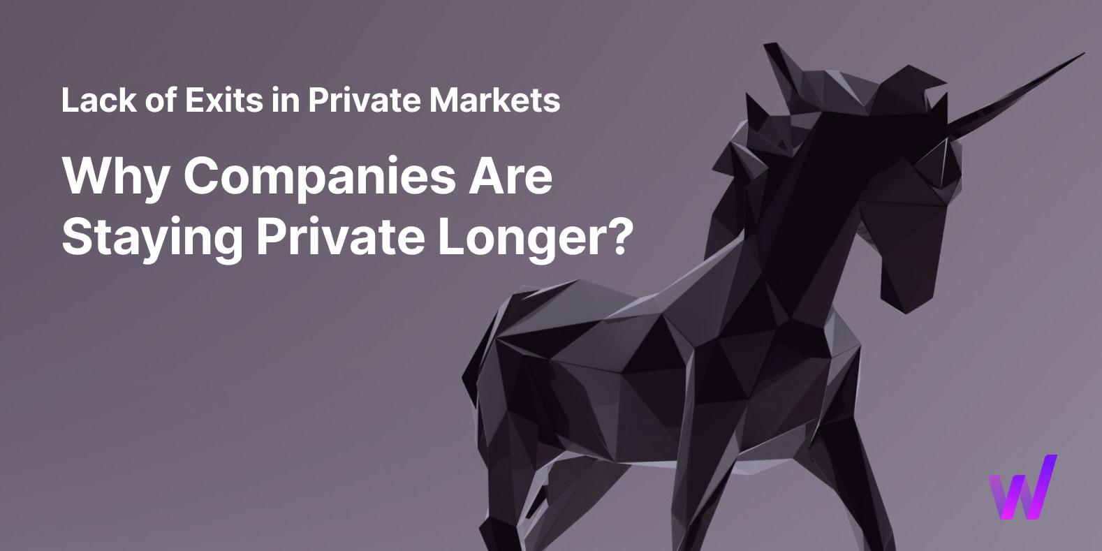 A stylized black unicorn sculpture against a purple background with text asking why companies stay private longer.