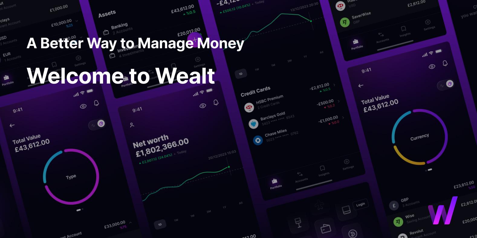 Welcome to wealt a better way to manage money and city landscape picture under that with purple color 